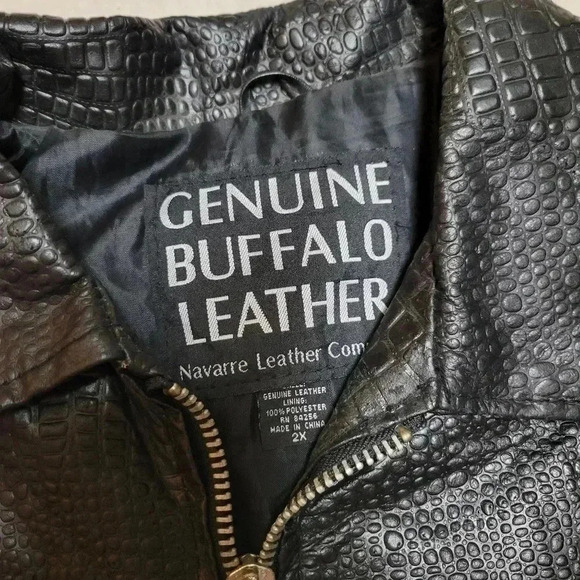 Navarre Croc Embossed Black Buffalo Leather Embroidered Rose Moto Jacket Biker - Picture 3 of 10